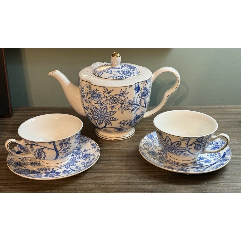 Grace’s Teaware Blue Vine Porcelain Tea Set With Gold Trim
